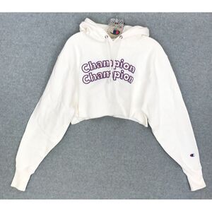 NEW! Champion Reverse Weave Crop Top Hoodie Womens XS White Pullover Embroidered